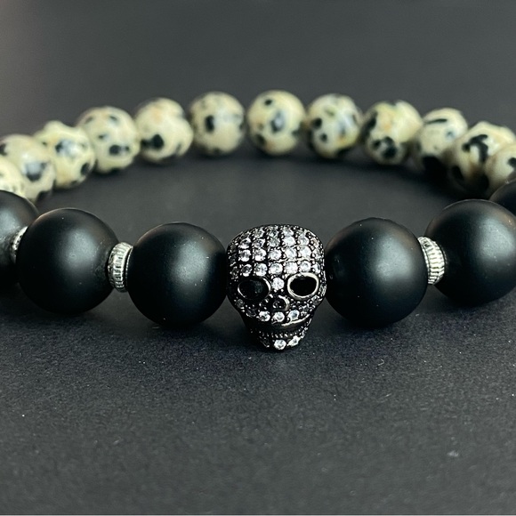 Dalmatian Jasper and Matte Onyx Stone Bracelet With Zircon Skull - Picture 1 of 3
